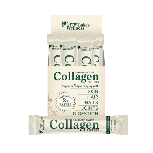 Great Lakes Wellness 20ct Collagen Peptides stick pack with 12g grass-fed bovine collagen supporting skin, hair, nails, joints, and digestion