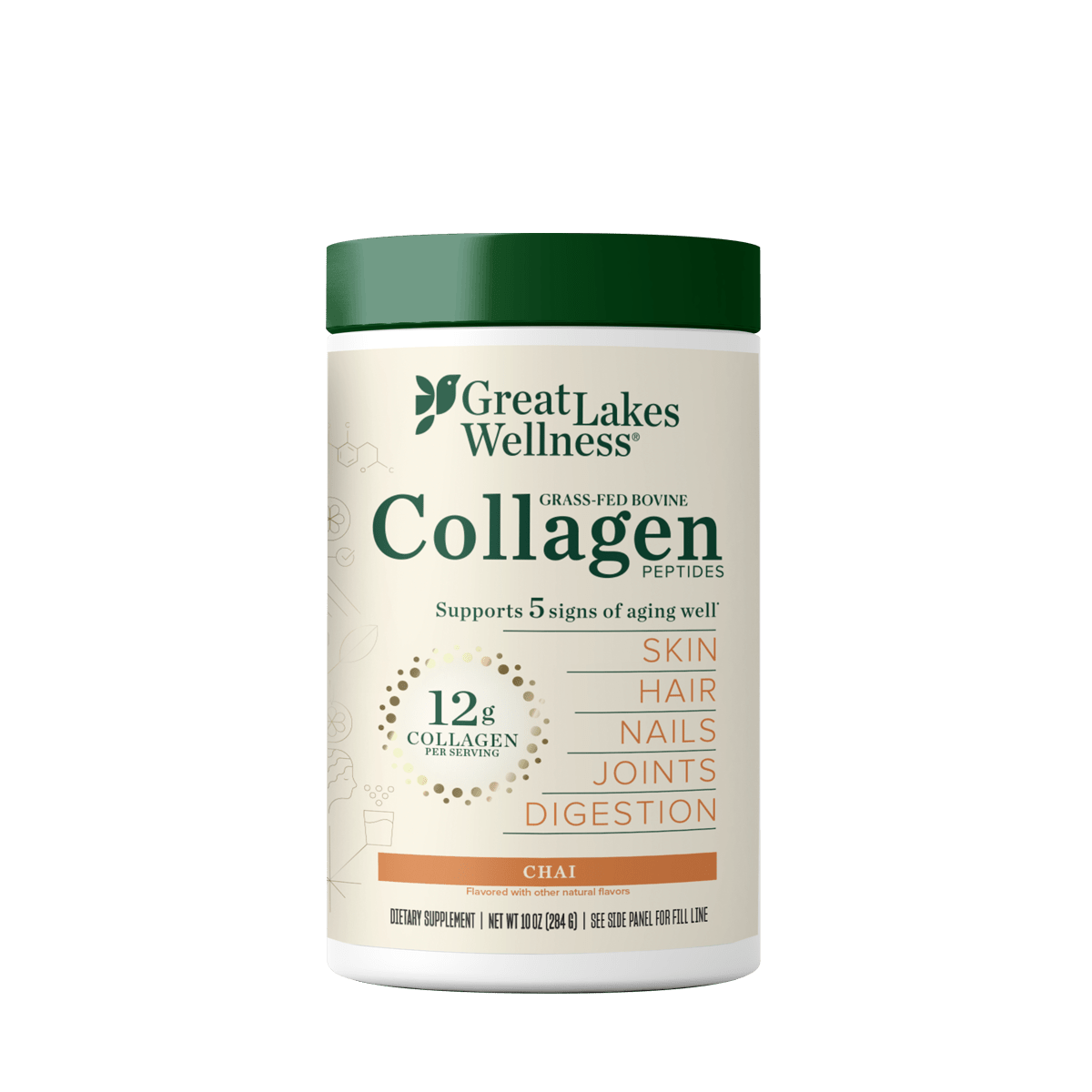 Great Lakes Wellness Chai Collagen Peptides container supporting skin, hair, nails, joints, and digestion with 12g collagen per serving