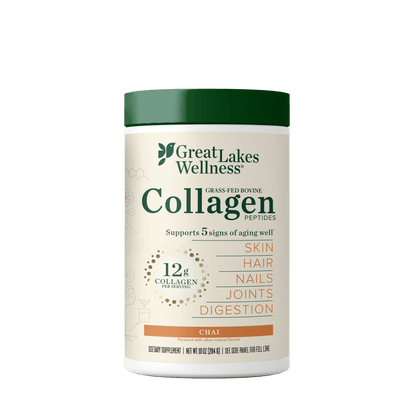 Great Lakes Wellness Chai Collagen Peptides container supporting skin, hair, nails, joints, and digestion with 12g collagen per serving