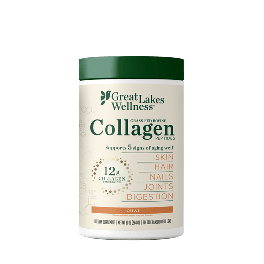 Great Lakes Wellness Chai Collagen Peptides container supporting skin, hair, nails, joints, and digestion with 12g collagen per serving
