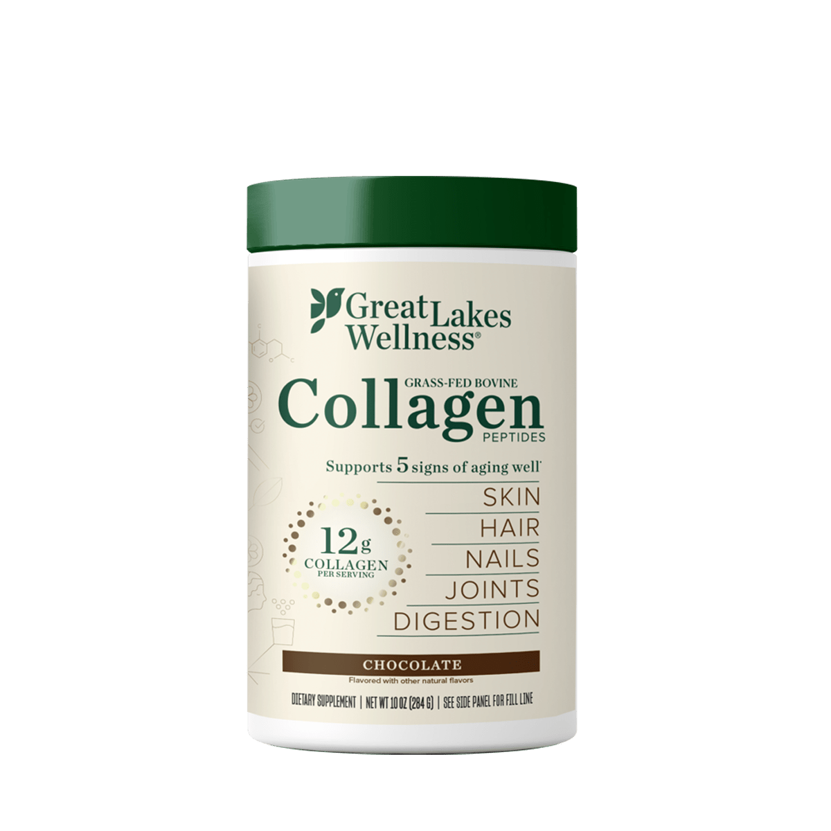 Great Lakes Wellness Chocolate Collagen Peptides container supporting skin, hair, nails, joints, and digestion with 12g collagen per serving.