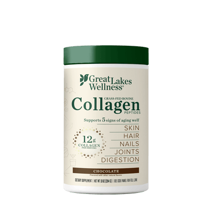 Great Lakes Wellness Chocolate Collagen Peptides container supporting skin, hair, nails, joints, and digestion with 12g collagen per serving.