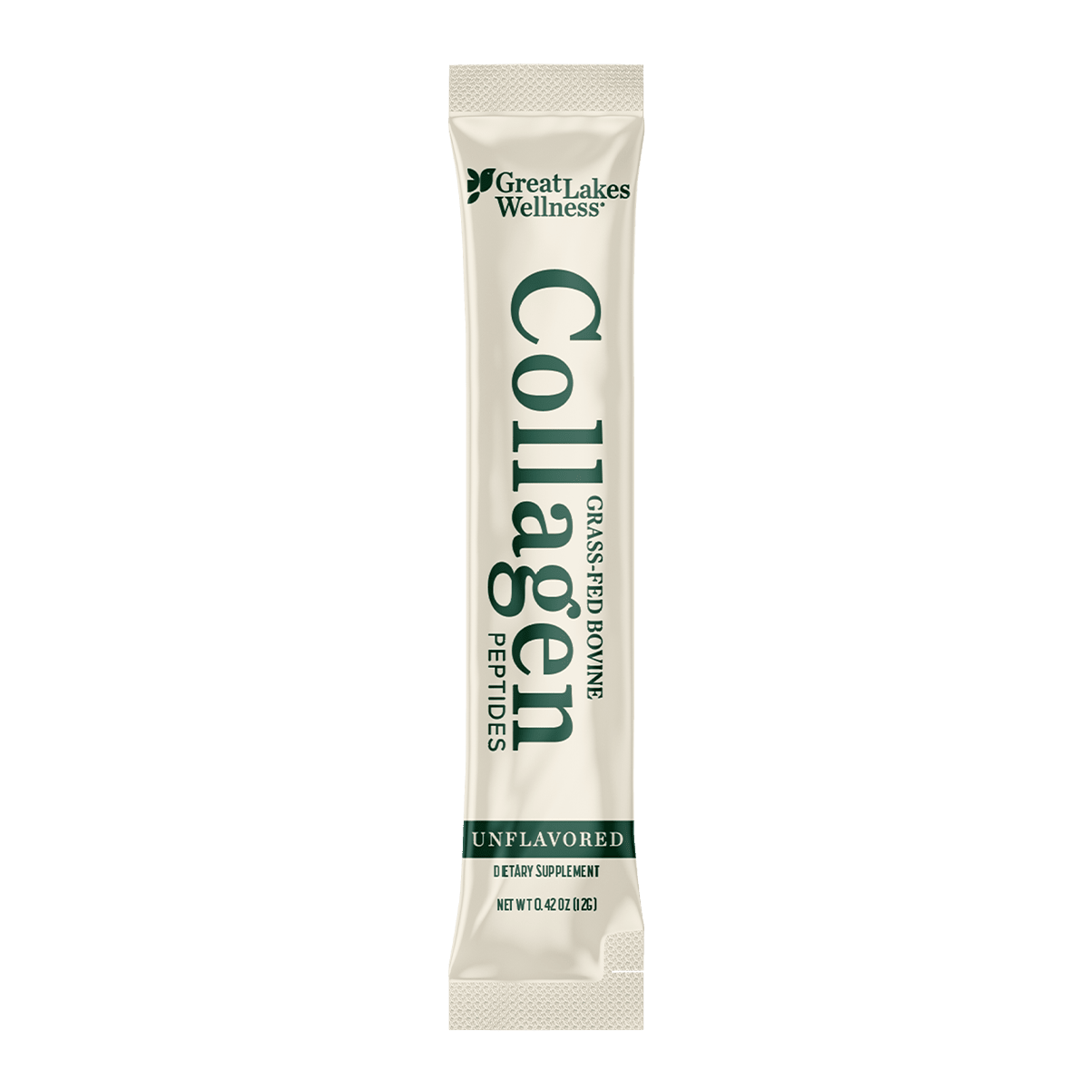 20ct Collagen Peptides stick pack from Great Lakes Wellness, unflavored grass-fed bovine collagen peptides dietary supplement