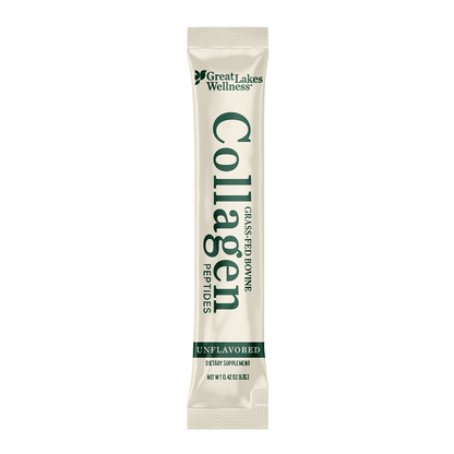 20ct Collagen Peptides stick pack from Great Lakes Wellness, unflavored grass-fed bovine collagen peptides dietary supplement