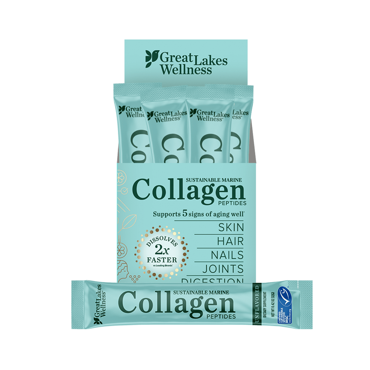 Great Lakes Wellness 20ct Daily Marine Collagen Peptides stick pack for skin, hair, nails, joints, and digestion support