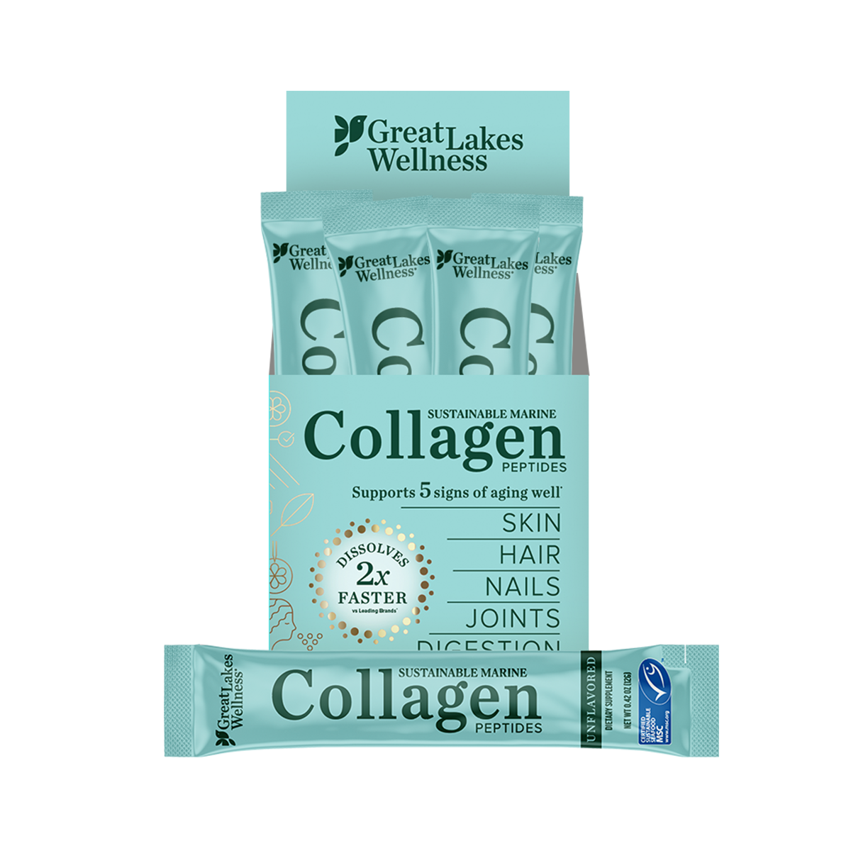 Great Lakes Wellness Marine Collagen Bundle with 16oz collagen tub and 20 stick packs for daily wellness