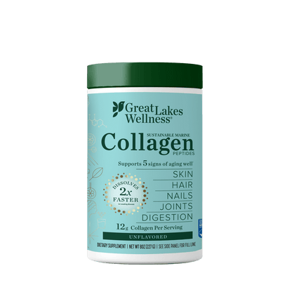 Great Lakes Wellness 8oz Sustainable Marine Collagen Peptides container supporting skin, hair, nails, joints, and digestion with 12g collagen per serving