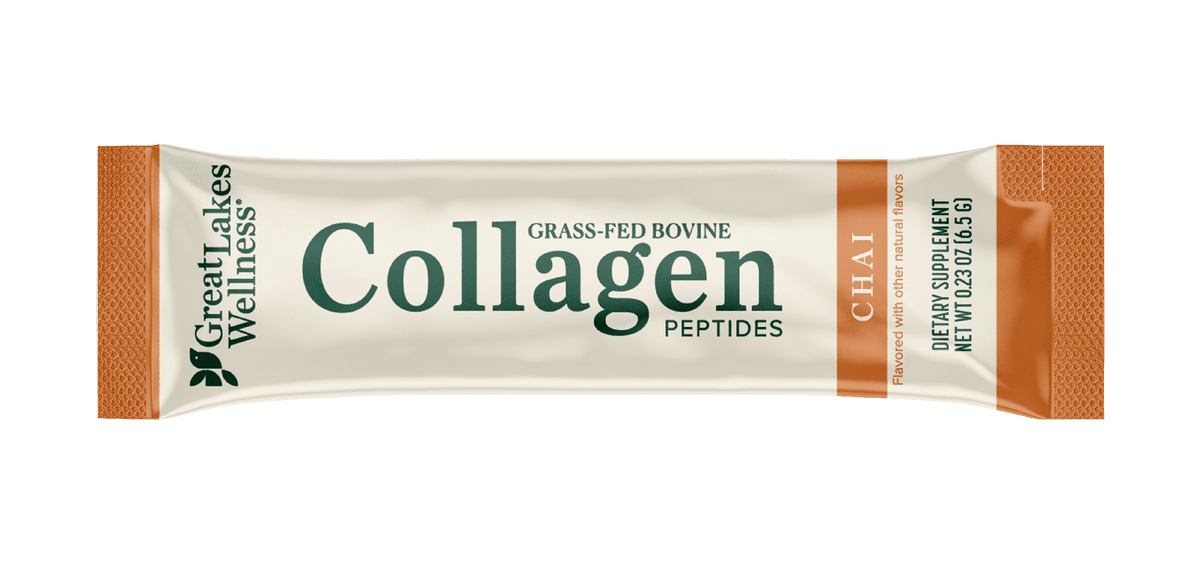 12ct flavored collagen peptide stick pack in chai flavor by Great Lakes Wellness