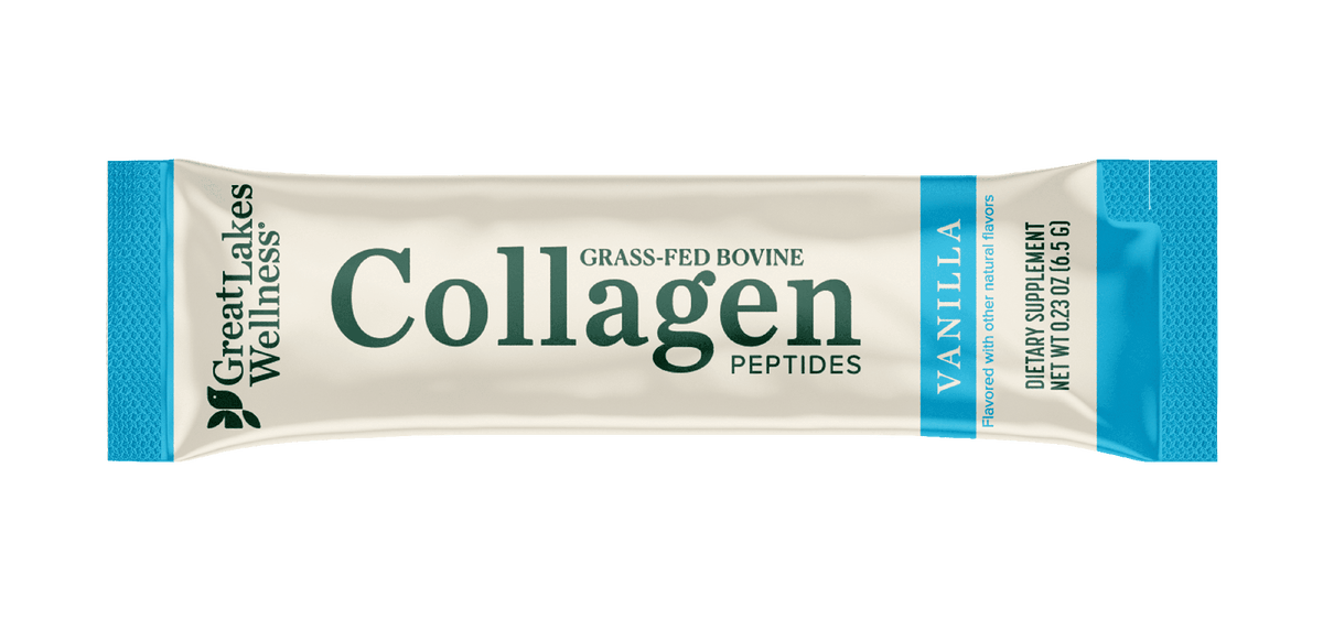 Vanilla flavored collagen peptide stick pack from Great Lakes Wellness with grass-fed bovine collagen