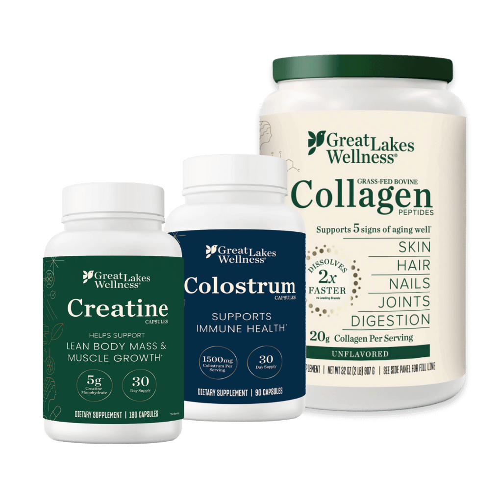 Daily Wellness Bundle featuring collagen peptides, creatine capsules, and colostrum capsules for total-body support