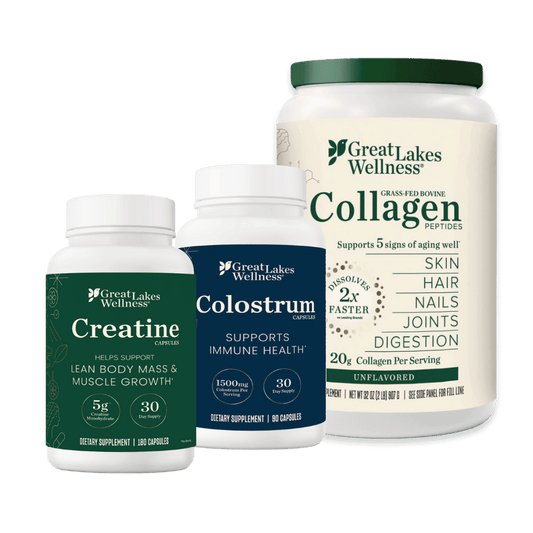 Daily Wellness Bundle featuring collagen peptides, creatine capsules, and colostrum capsules for total-body support