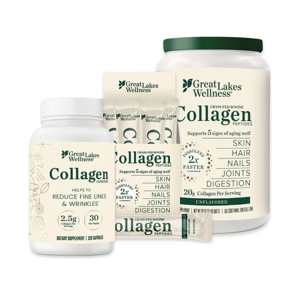 Unflavored Collagen Bundle with peptides in 32oz tub, stick packs, and capsules for skin, hair, nails, joints, and digestion support