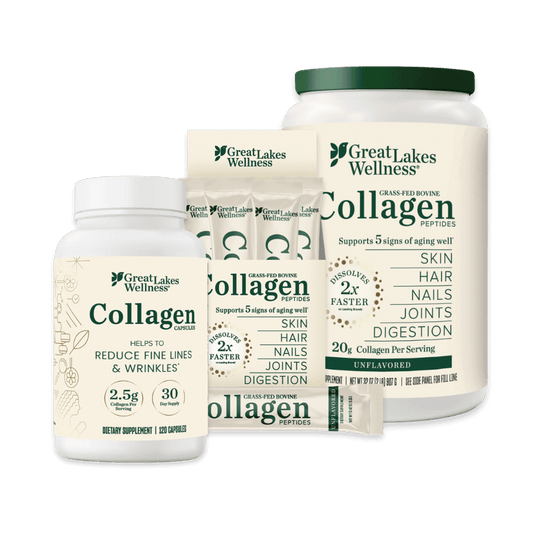 Unflavored Collagen Bundle with peptides in 32oz tub, stick packs, and capsules for skin, hair, nails, joints, and digestion support